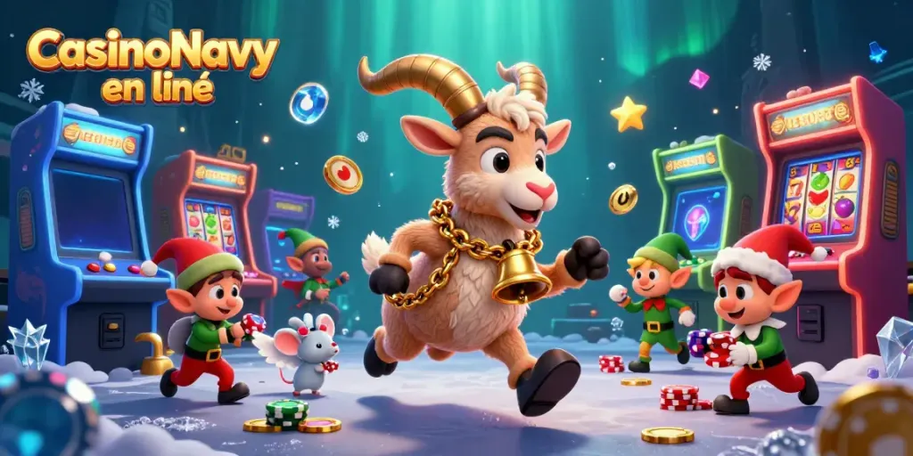 Representación vibrante de CasinoNavy en línea con un Krampus en un casino festivo que interactúa con un ratón ángel y elfos traviesos.