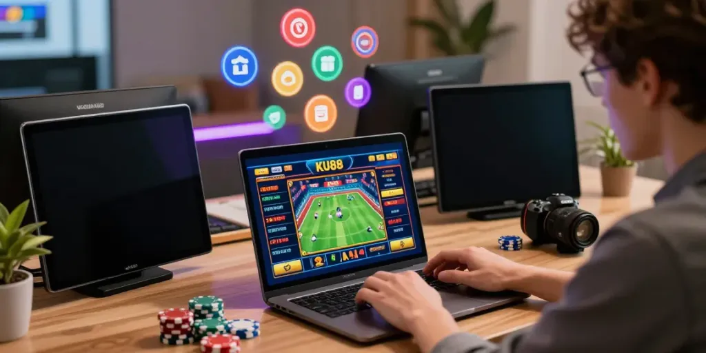 Interactive online betting scene with KU88 gaming experience showcasing vibrant casino games and sports events.