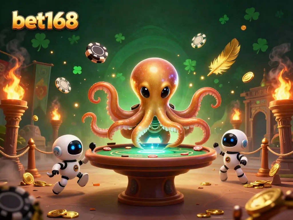 Experience dynamic poker action with bet168 as a playful octopus and robotic companion engage at a holographic table.