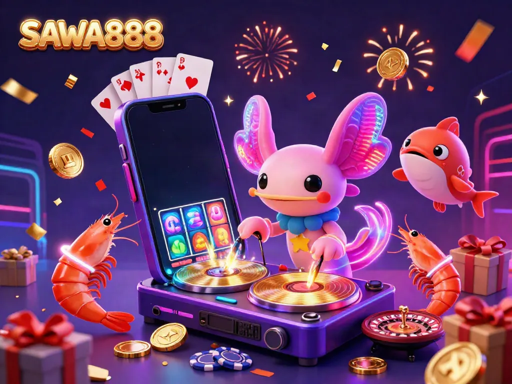 Experience the excitement at SAWA888 with a dynamic casino scene featuring a neon axolotl DJ.