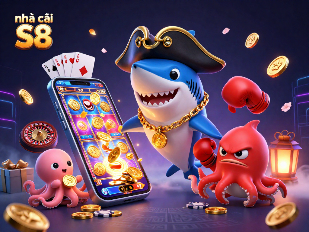 Engage with the vibrant universe of nhà cái S8, featuring lively characters amidst dynamic casino elements.