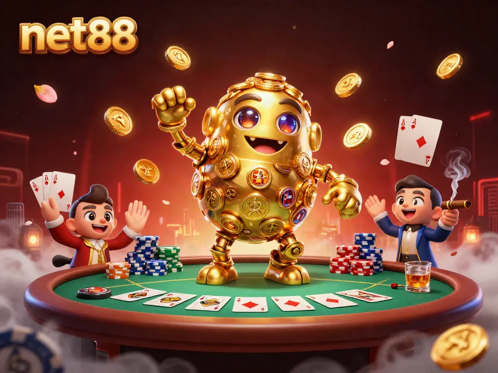 Experience thrilling casino action with net88's golden golem and poker elements in a vibrant illustration.