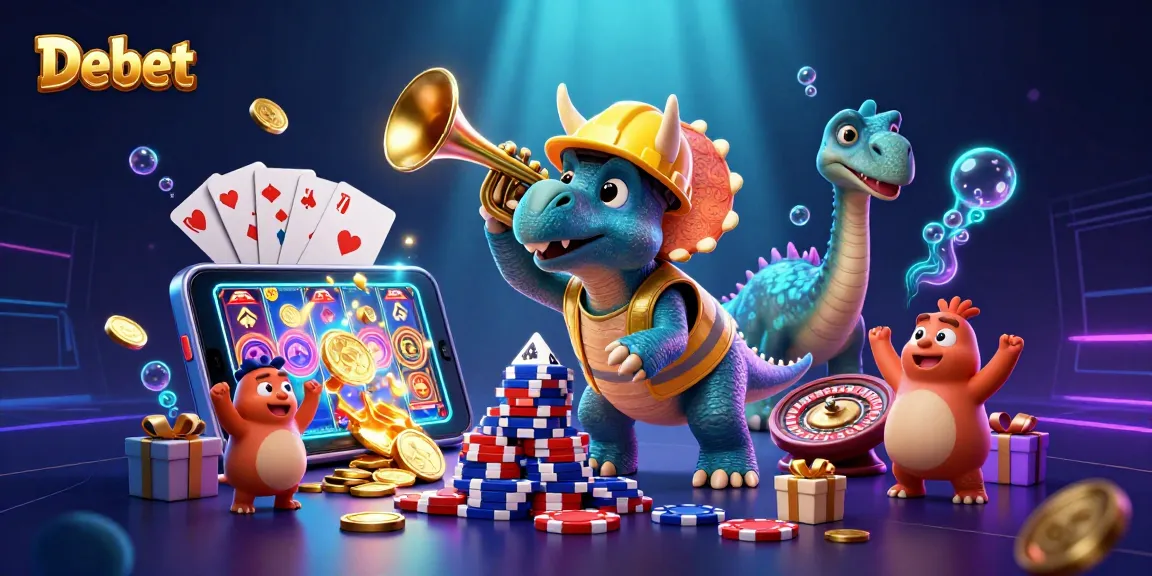 Debet showcases a lively triceratops constructing poker chip towers amidst festive casino elements.
