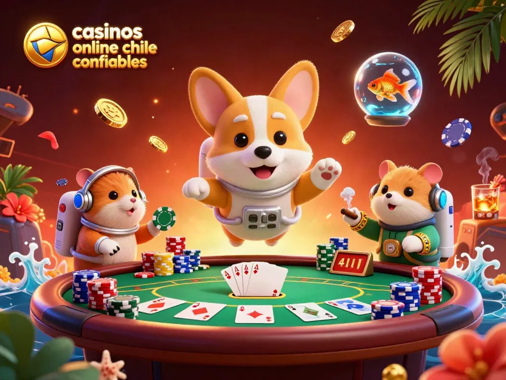 Imágenes de casinos online Chile confiables donde un corgi astronáutico flota entre juegos y fichas.