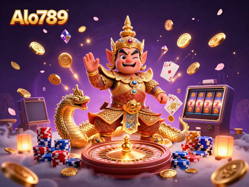 Alo789 showcases a vibrant 3D casino scene with golden coins, Naga serpents, and a temple guardian.