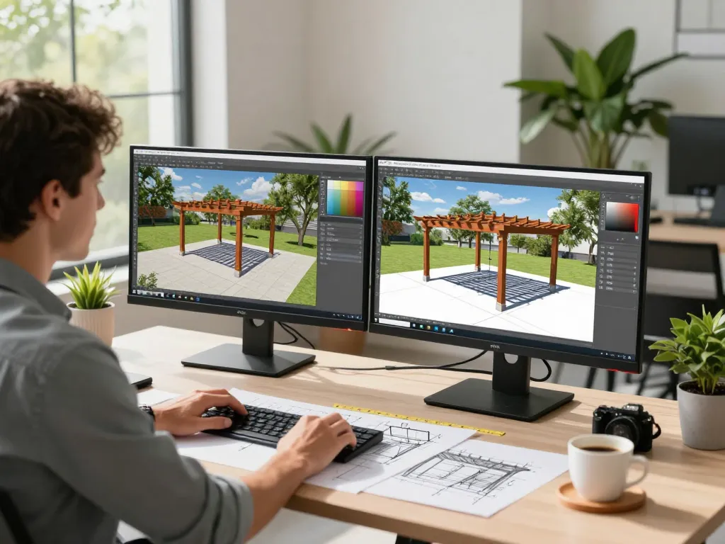Arquitecto utilizando un configurador de pérgolas en 3D en una oficina luminosa, diseñando estructuras exteriores personalizadas.