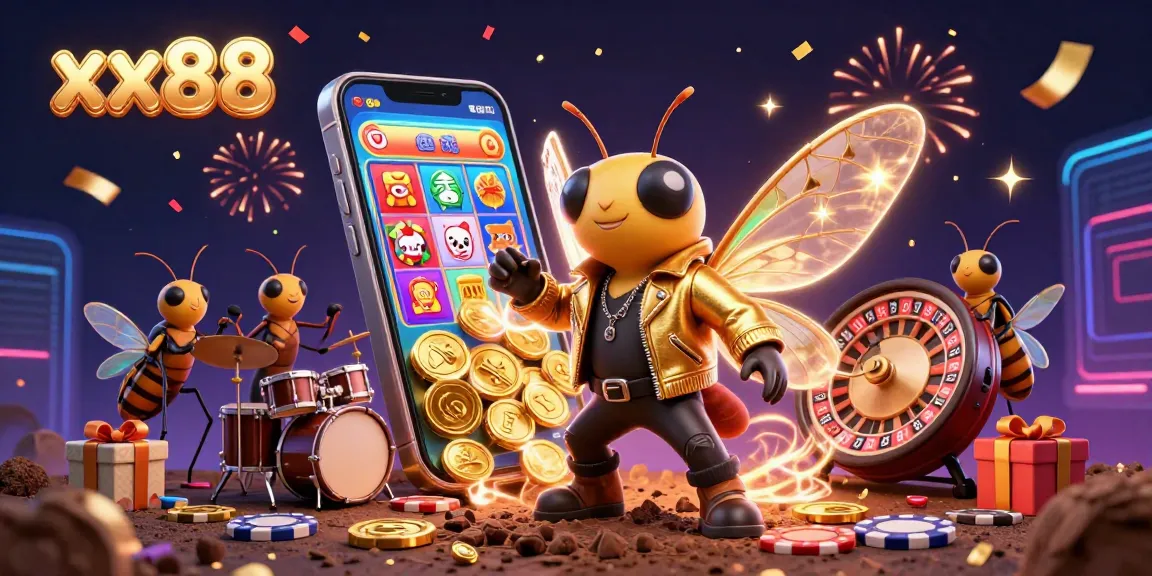 Experience exciting gameplay with xx88 as a vibrant cartoon cicada rock star takes the stage in a dynamic casino environment.
