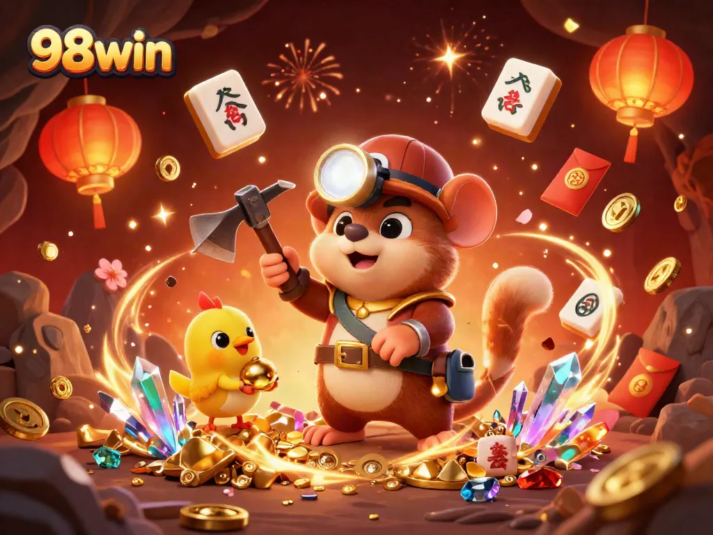 Experience the excitement of gambling at 98win with dynamic characters surrounded by vibrant casino elements.