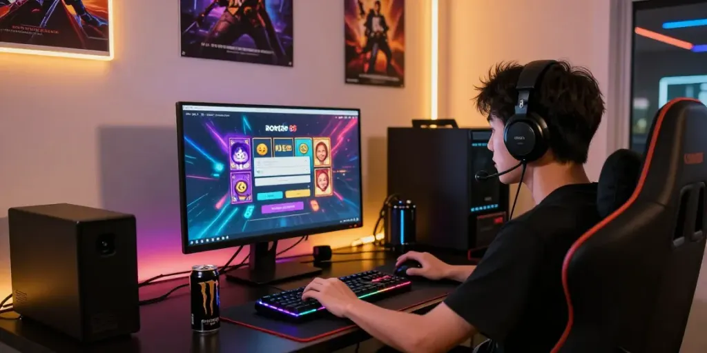 Vibrant online gaming setup featuring rokok88 slot login on screen, player focused on game.