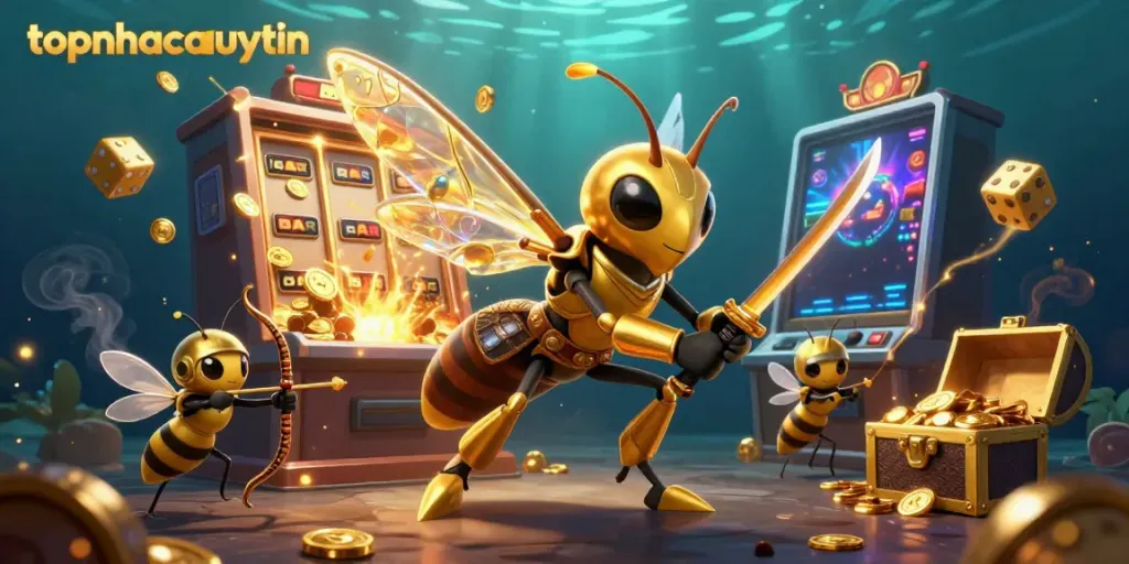 Experience the thrill of winning at topnhacaiuytin, featuring dynamic gaming elements, a golden hornet, and exciting casino action.