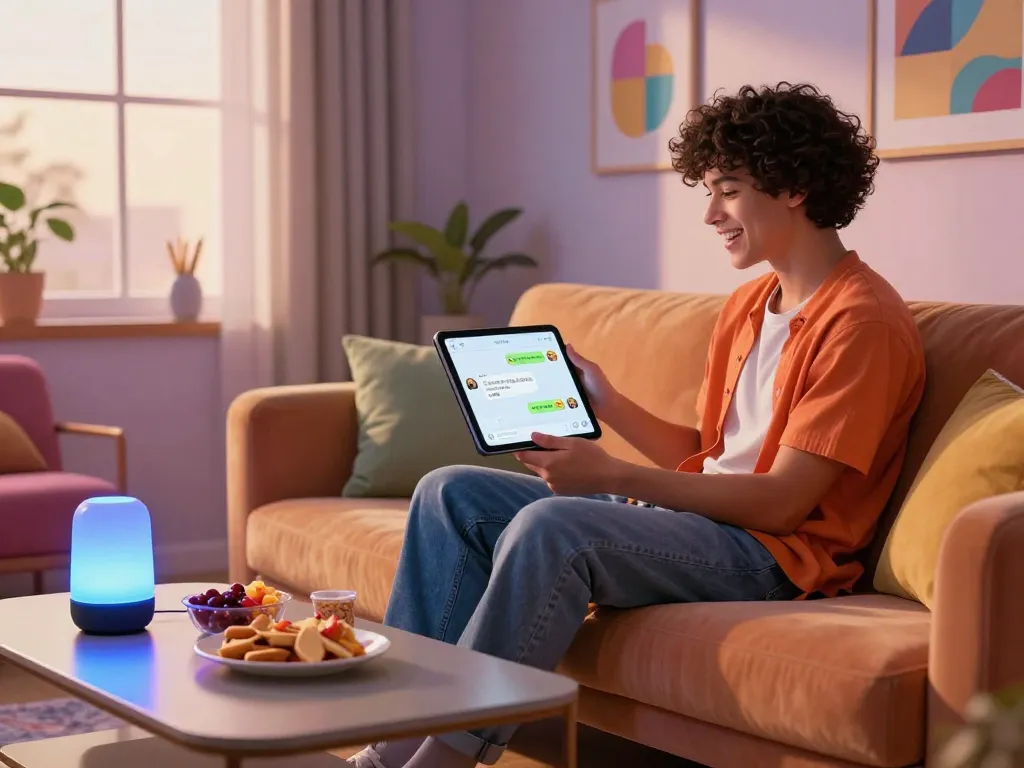 Engaging with a spicy AI character in a vibrant living room setting, showcasing the modern interactive experience.