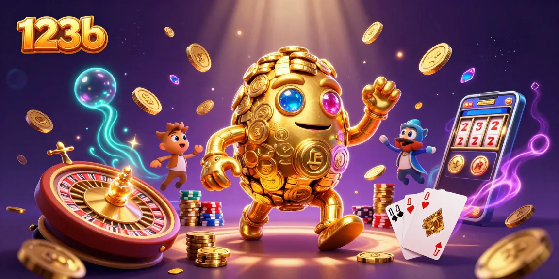 Experience thrilling wins at 123b with captivating gold golem illustration and casino elements