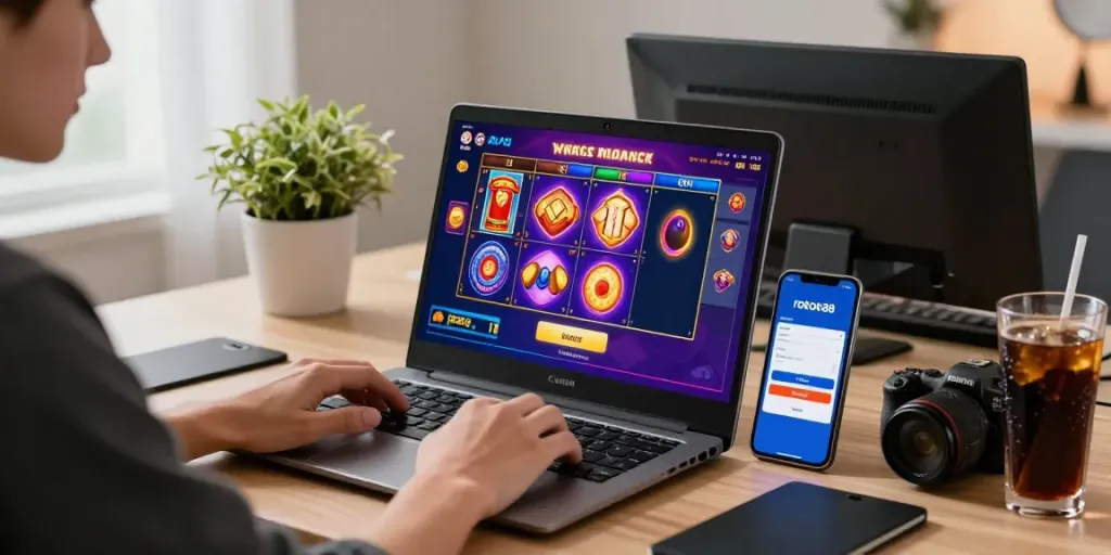 Engaging in the rokok88 slot login experience at a modern desk setup with vibrant slot game graphics.
