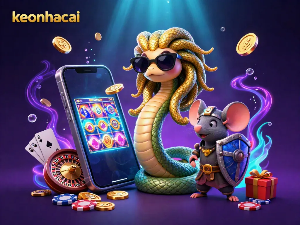 Experience the excitement of keonhacai with Medusa and a mouse warrior amidst dynamic casino gaming elements.