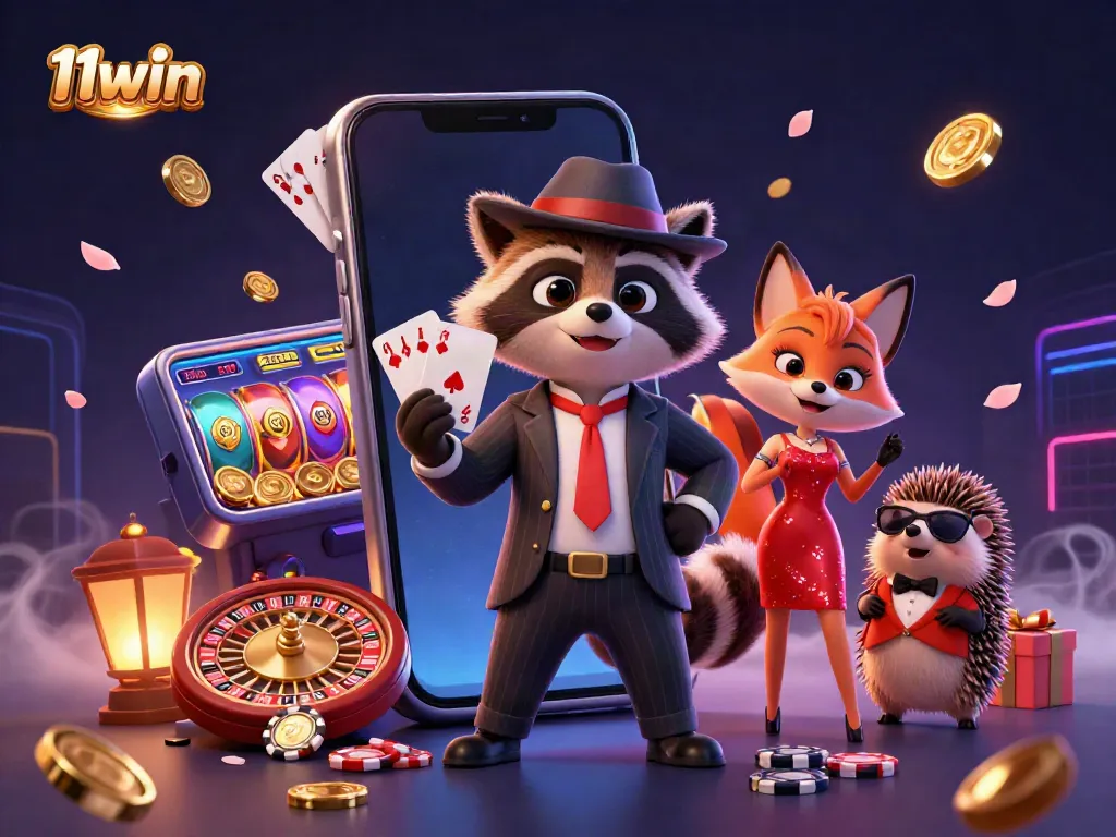 Experience thrilling moments with the charming raccoon, fox, and hedgehog in a delightful 11win casino scene.