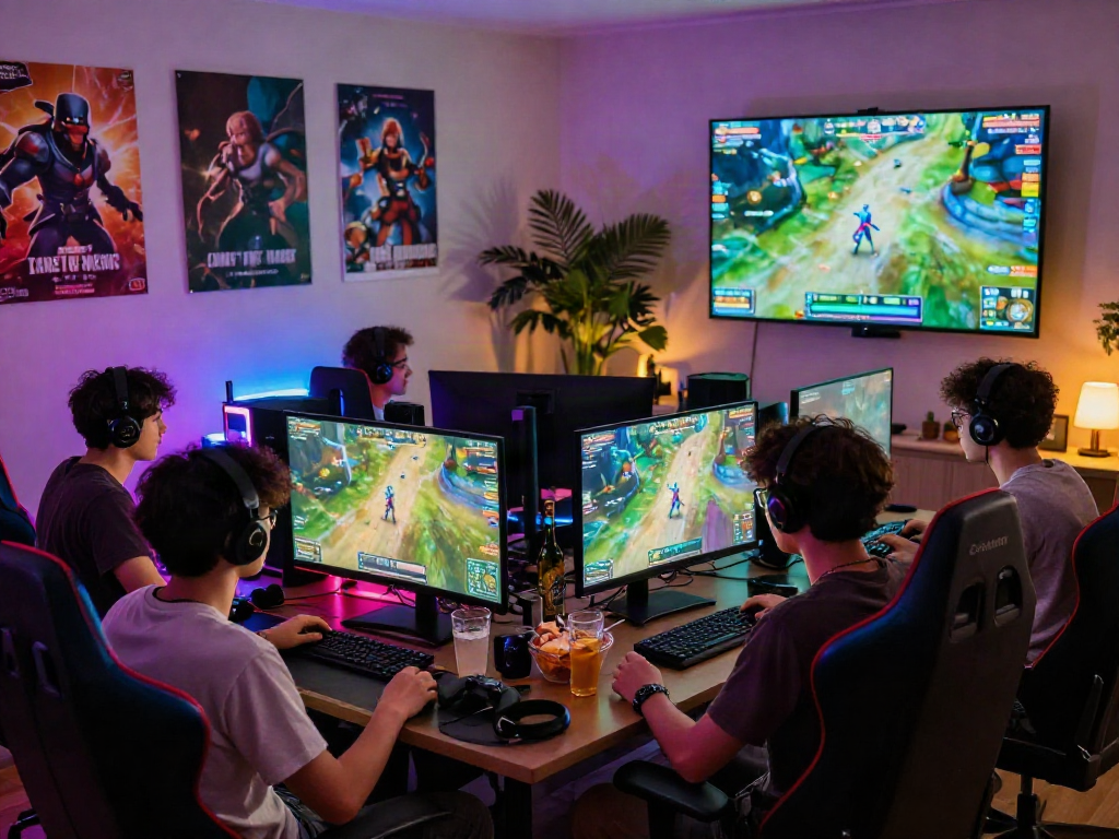 Friends playing multiplayer games in vibrant gaming setups featuring rokok88 alternatif.