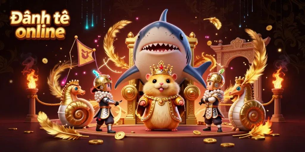 Win big with Đánh đề online: A vibrant 3D scene showcasing a golden hamster king in a gaming arena.
