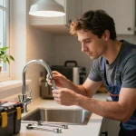 Un handyman proporcionando servicios a domicilio al reparar un grifo de cocina con herramientas en un hogar acogedor.