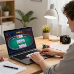 Engaging poker gameplay on nk88net, showcasing online strategy in a cozy home setting.
