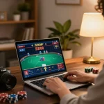 Play poker on RR88 with a laptop in a cozy home environment.