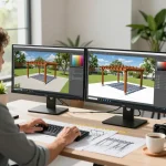 Arquitecto utilizando un configurador de pérgolas en 3D en una oficina luminosa, diseñando estructuras exteriores personalizadas.