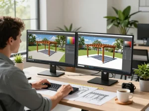 Arquitecto utilizando un configurador de pérgolas en 3D en una oficina luminosa, diseñando estructuras exteriores personalizadas.