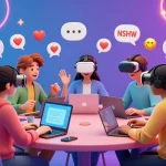 Interactive NSFW chat scene with diverse characters in lively conversation.
