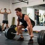 Esteroidesshop destacado en una escena dinámica de gimnasio con culturista levantando pesas, mostrando entrenamiento de fuerza.