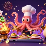 Witness the excitement of 88i with colorful slot games, a playful octopus chef, and a dragon in a dynamic casino scene.