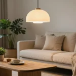 Stylish living room with lamparas estilo japandi including Anne Lighting Sable pendant lamp, creating a warm and inviting atmosphere.