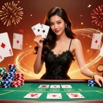 Experience thrilling poker action at GG88 with an elegant dealer amidst vibrant casino elements.