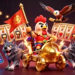 Experience the thrill of XX88 gaming with a rooster warlord and golden chariot in a vibrant casino scene.