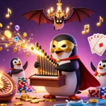 This vibrant scene showcases jokaroom.io online casino games with a playful penguin organist, gold coins, and dazzling casino elements.