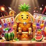 Fabet's golden pineapple king reigns supreme in a vibrant beach casino scene filled with lucky symbols.