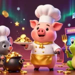 Explore khuyến mãi Oxbet in an exciting 3D illustration of a chef pig serving gold coins at a vibrant casino scene.
