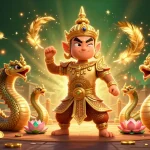 Engage in thrilling gameplay at LLWIN with a vibrant illustrated scene of a temple guardian and Naga serpents amidst casino elements.
