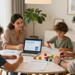 Family exploring simulador hipotecario options in a modern home.