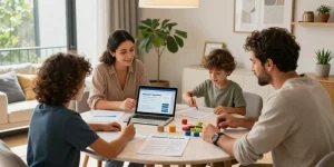 Family exploring simulador hipotecario options in a modern home.