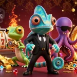Join the excitement with man888 in a vibrant casino scene featuring a chameleon, gecko, and octopus amid shimmering treasures.