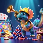 Debet showcases a lively triceratops constructing poker chip towers amidst festive casino elements.