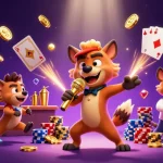 Experience pokies online as hyenas run a comedy casino club, filled with lights and slot reels.