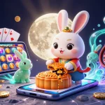 Experience xoso66 with a captivating 3D illustration featuring a moon rabbit revealing poker chips.