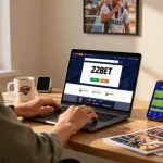 Engaging betting session with 22Bet login displayed on laptop, user immersed in sports memorabilia.