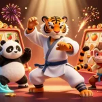 Experience thrilling wins at Luck8 casinos with a fun scene featuring kung fu characters and slot reels.