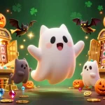 Slot demo di kasino dengan kucing hantu dan kelelawar, dikelilingi tumpukan emas dan permainan slot.