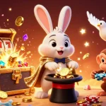Experience the excitement of s666 with a magical scene featuring a rabbit, dove, and monkey amidst jackpots and coins.