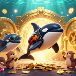 Ilustrasi 3D spektakuler dengan situs judi bola, orca dan ikan pari bersama ribuan koin emas.