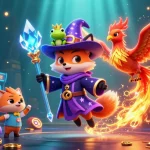Engage with rr88's captivating gaming experience featuring a wizard fox and phoenix in a vibrant casino world.