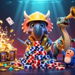 Experience excitement with luck885 as triceratops builds a poker chip pyramid amidst a vibrant casino scene.