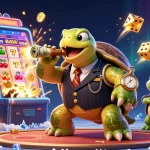 Experience luck8 with a cartoon turtle mobster surrounded by jackpot elements and colorful casino lights.